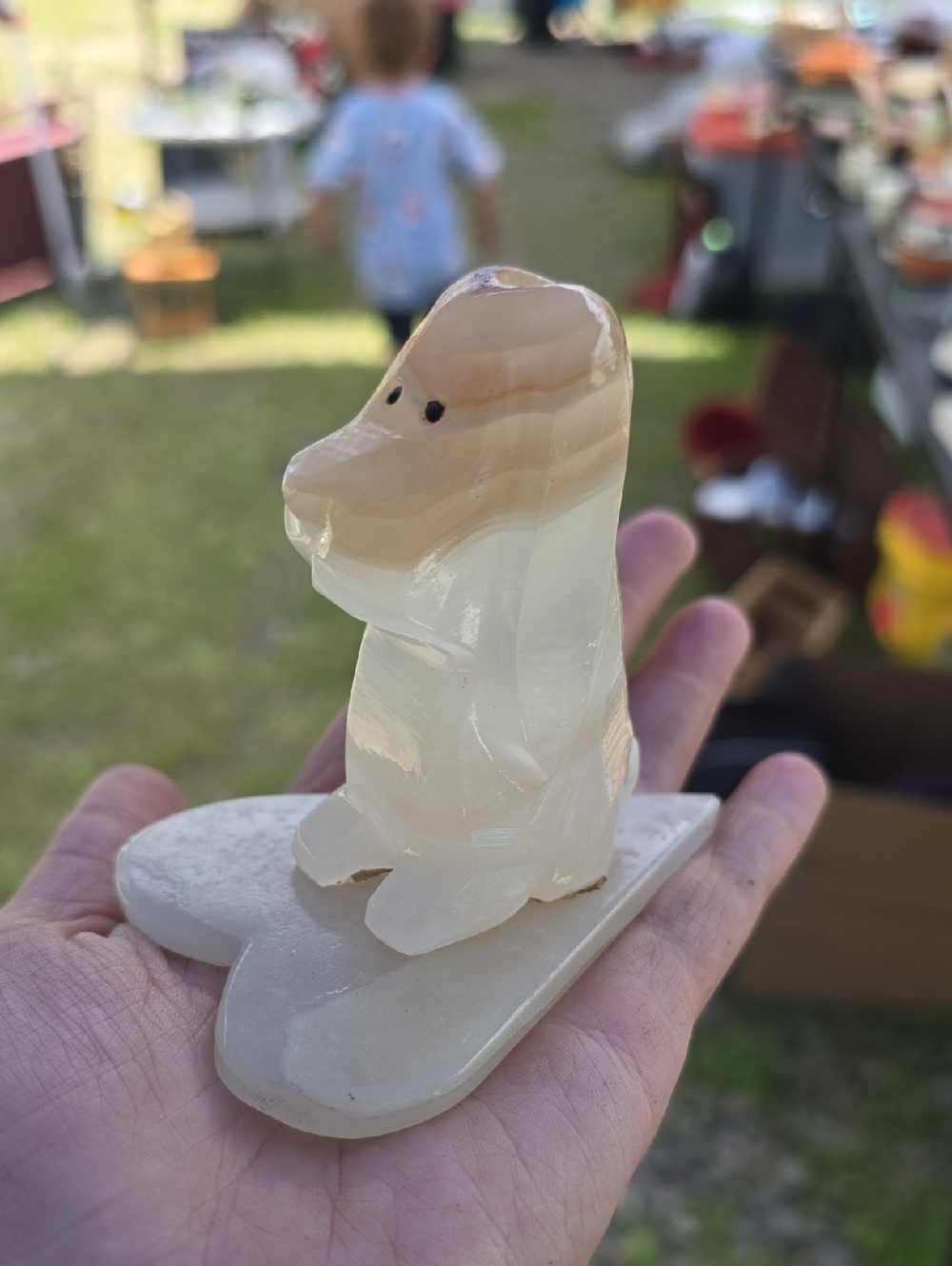 Handheld Cream and Tan Stone Dog Figurine Pet Holder